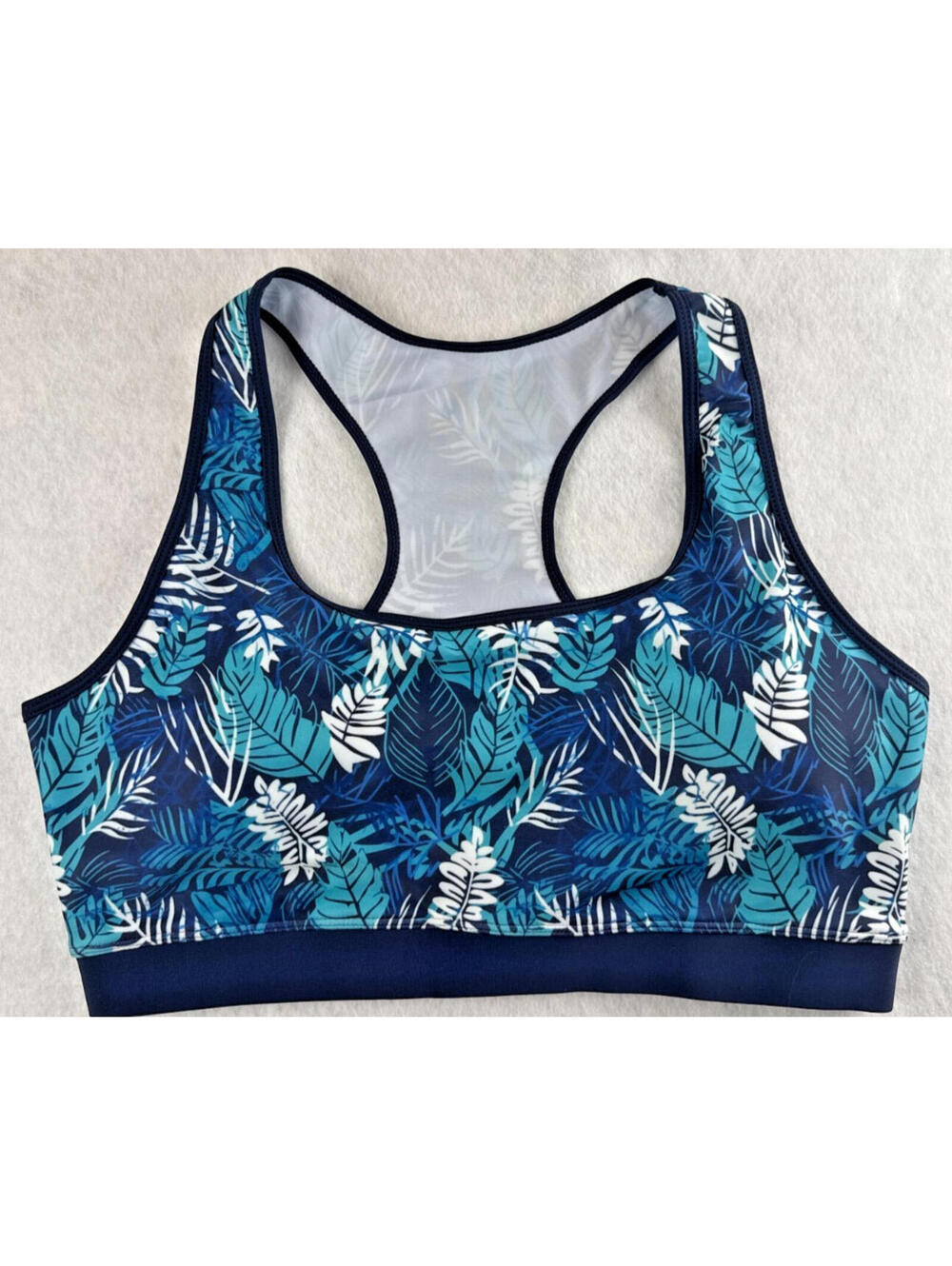 Sports Bra Womens XL Blue Tropical Leaf Racerback Athletic Activewear NWOT